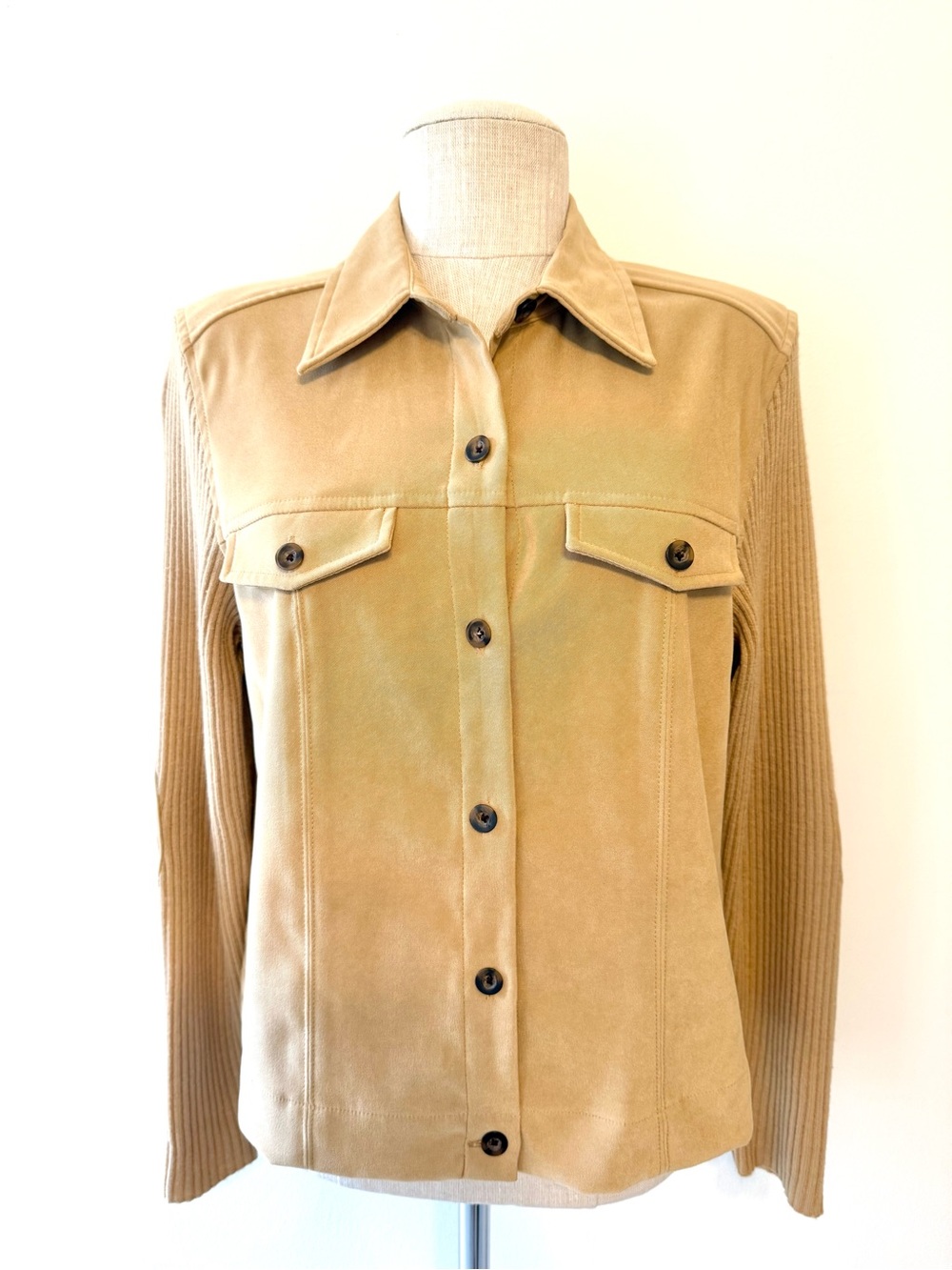 Karen Scott Mixed Media Faux Suede Camel Ribbed Knit Sleeve Shacket Jacket M - Picture 4 of 10